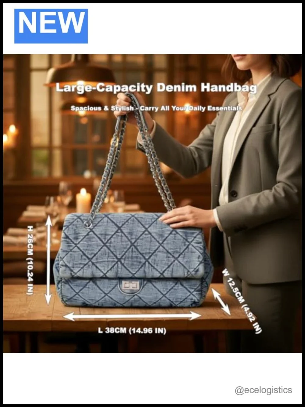 Quilted Denim Tote Bag for Women, Large Capacity Chain Crossbody Shoulder